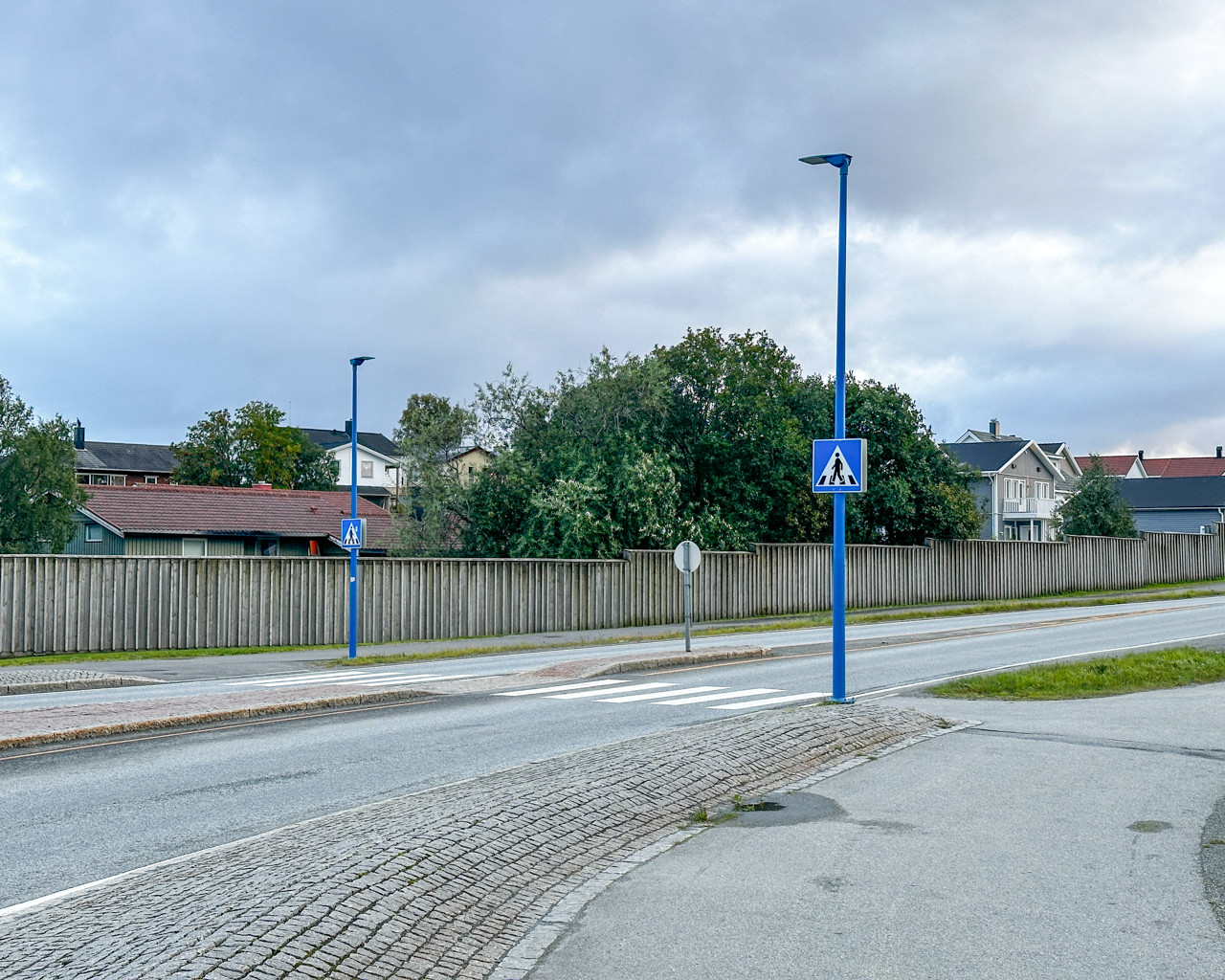 fotgjengerovergang med trafikkblå lysmaster